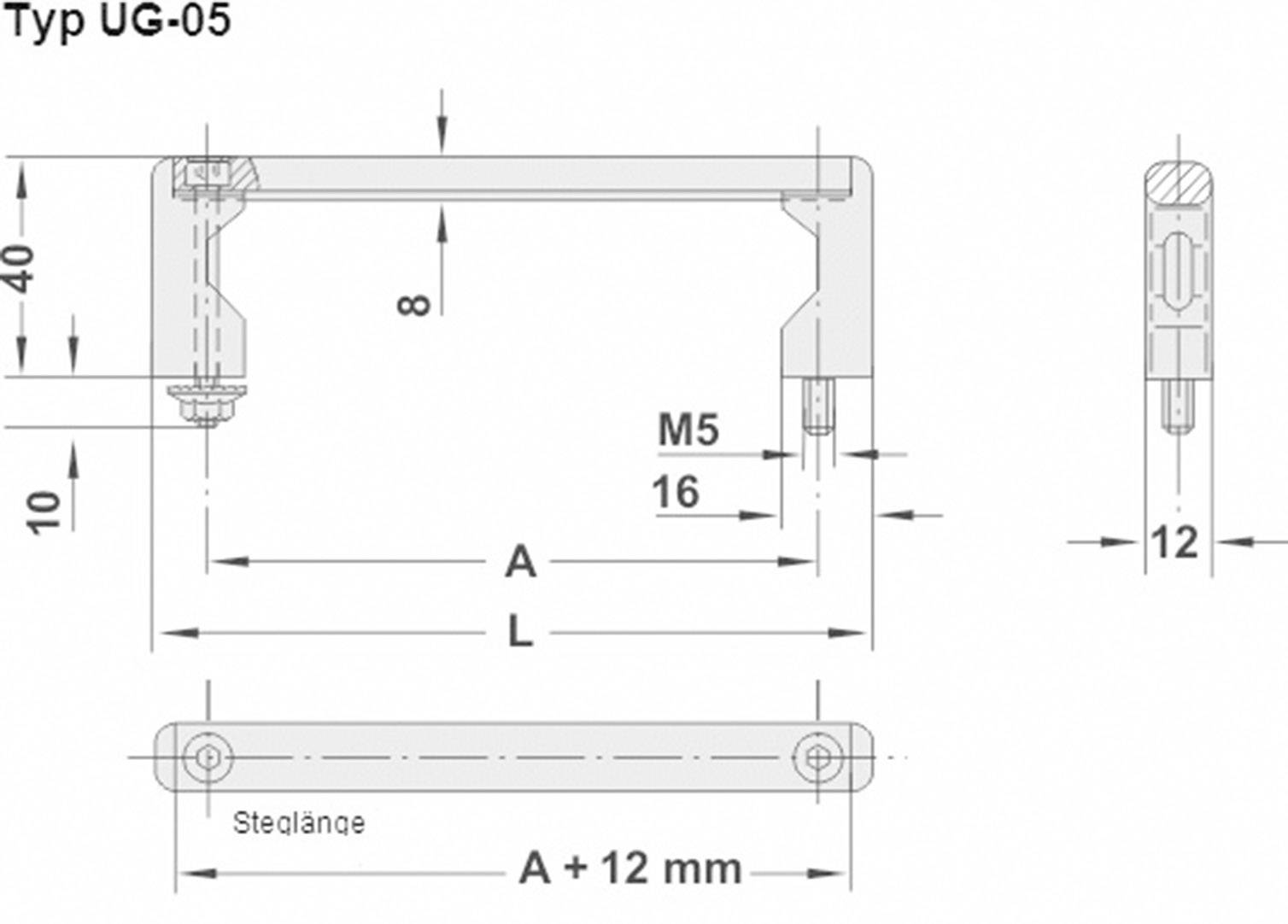 Technical drawing of a grab handle Type UG-05. Dimensions and distances shown in millimetres, including L, A, M5 and 16.