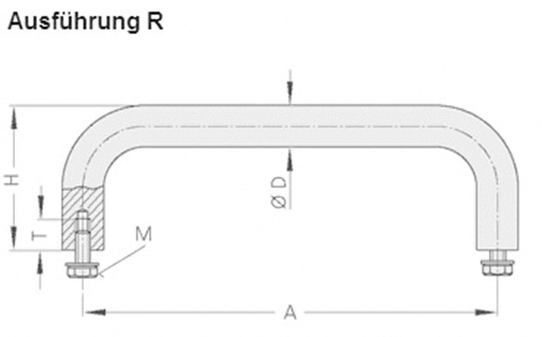 Technical drawing of a U-shaped handle with dimensions H, T, M, A and diameter D. 'Execution R' marking in top left corner.