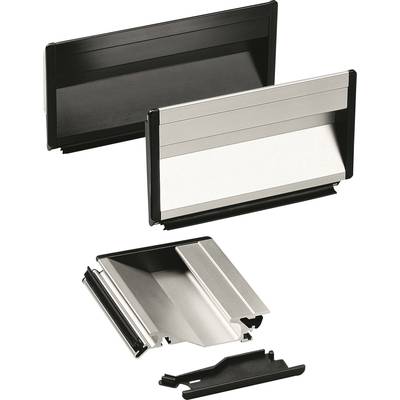 Metal rails with plastic components, likely parts for a device mount or presentation display, in black and silver.