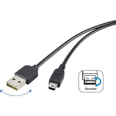 Renkforce USB cable USB 2.0 USB-A plug, USB-Mini-B plug 1.80 m Black Duplex use connector, gold plated connectors RF-409