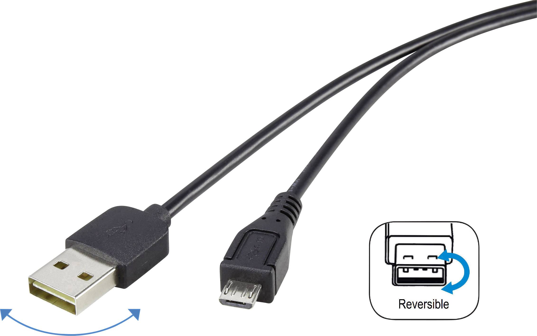 Renkforce USB cable USB 2.0 USB-A plug, USB Micro-B plug 1.80 m Black Duplex use connector, gold plated connectors RF-4096110