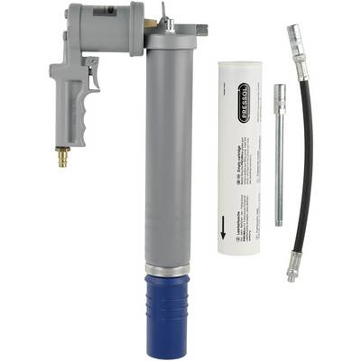 Grease gun, grey colour, with accessories: cartridge, hose, valve. Tool for lubrication in workshop environment.
