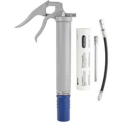 A hand-operated grease gun with a long handle and attached container, alongside a grease cartridge and two hoses of different lengths.