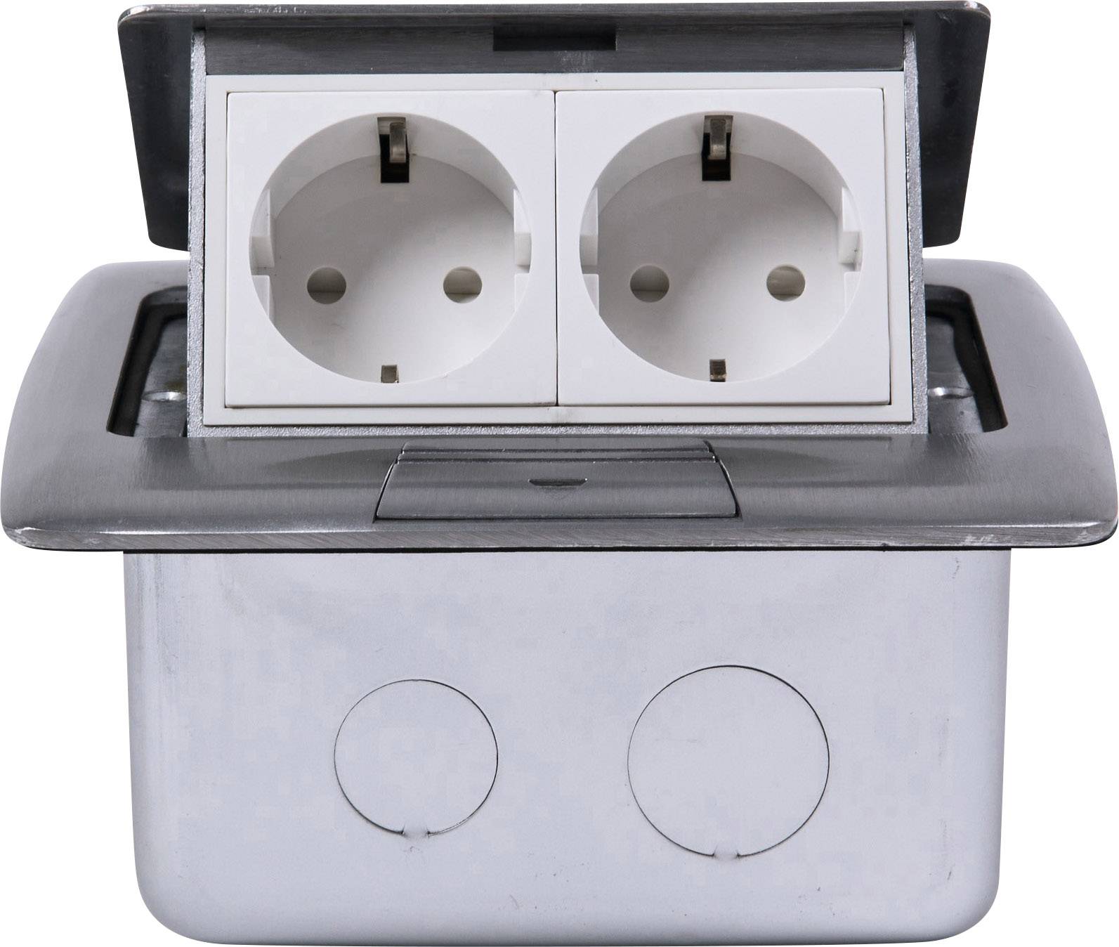 Double floor box with sockets in an open position, suitable for installation in floors and work surfaces.