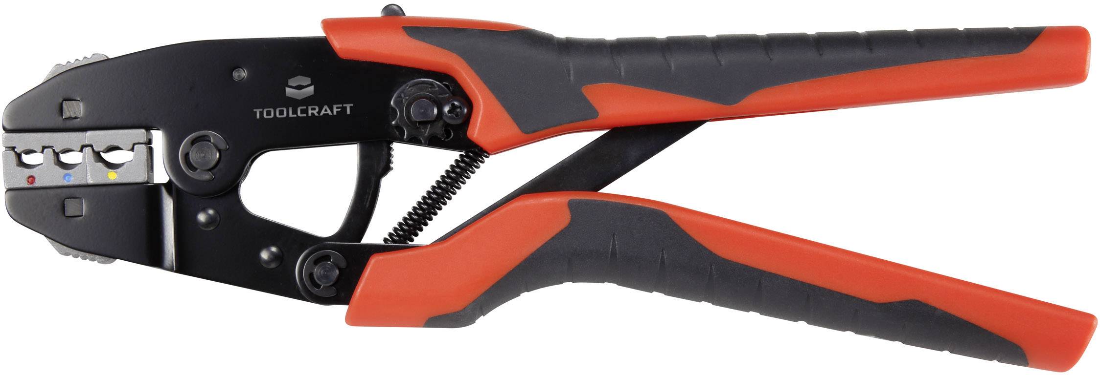 Crimping pliers with red and black handles, suitable for crimping connectors. Resting on a white background.
