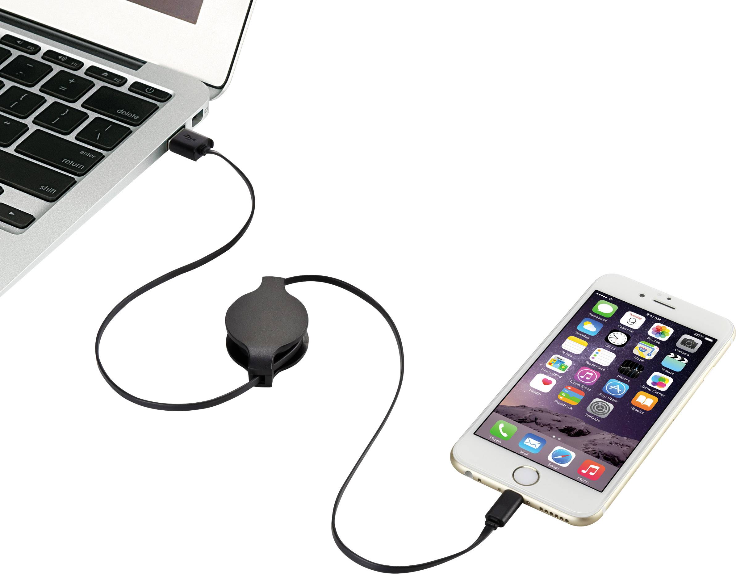 Renkforce USB cable 0.80 m Black incl. recoiler RF4097196-1