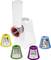 Electric vegetable chopper with five coloured attachments for grating and slicing various foodstuffs.