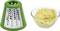 A green cheese grater next to a bowl of grated cheese.