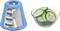 A blue grater next to a glass bowl with sliced cucumber pieces.