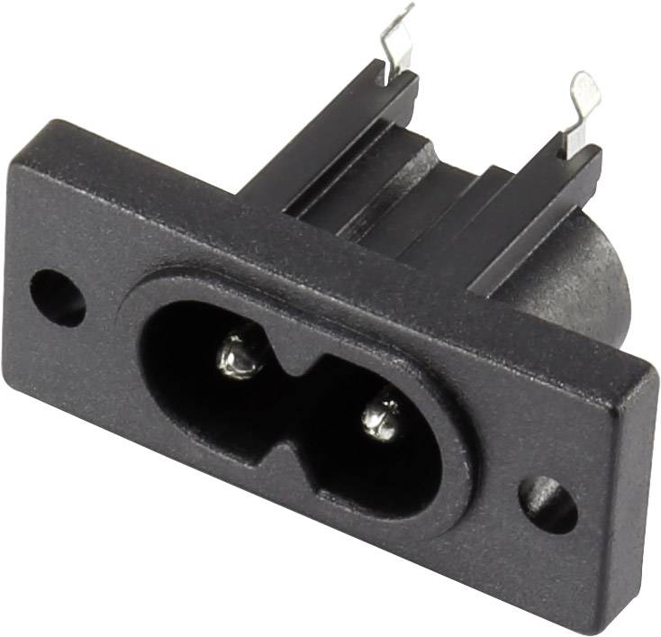 A black electric plug with two metal contacts and mounting holes, suitable for installation in electronic devices.