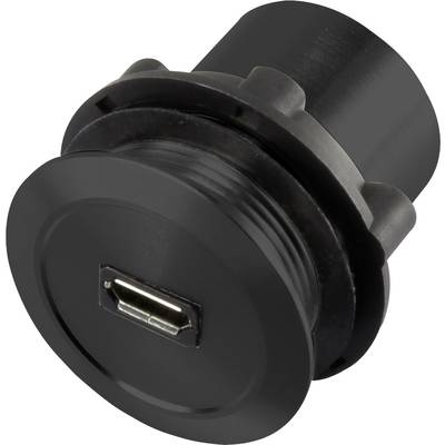 Black, round USB input socket, suitable for installation in devices or an enclosure, with standard USB connection.