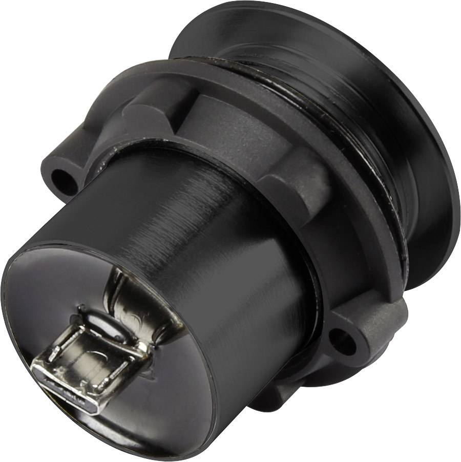 Black cylindrical panel connector with metal pins and mounting flange, suitable for electronic devices.