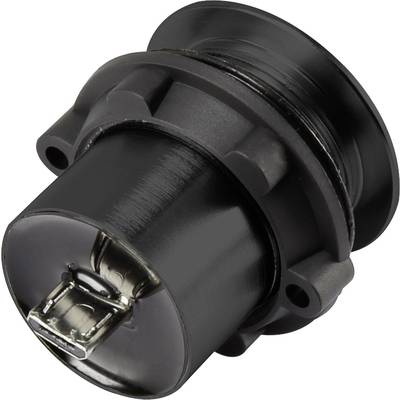 Black cylindrical panel connector with metal pins and mounting flange, suitable for electronic devices.