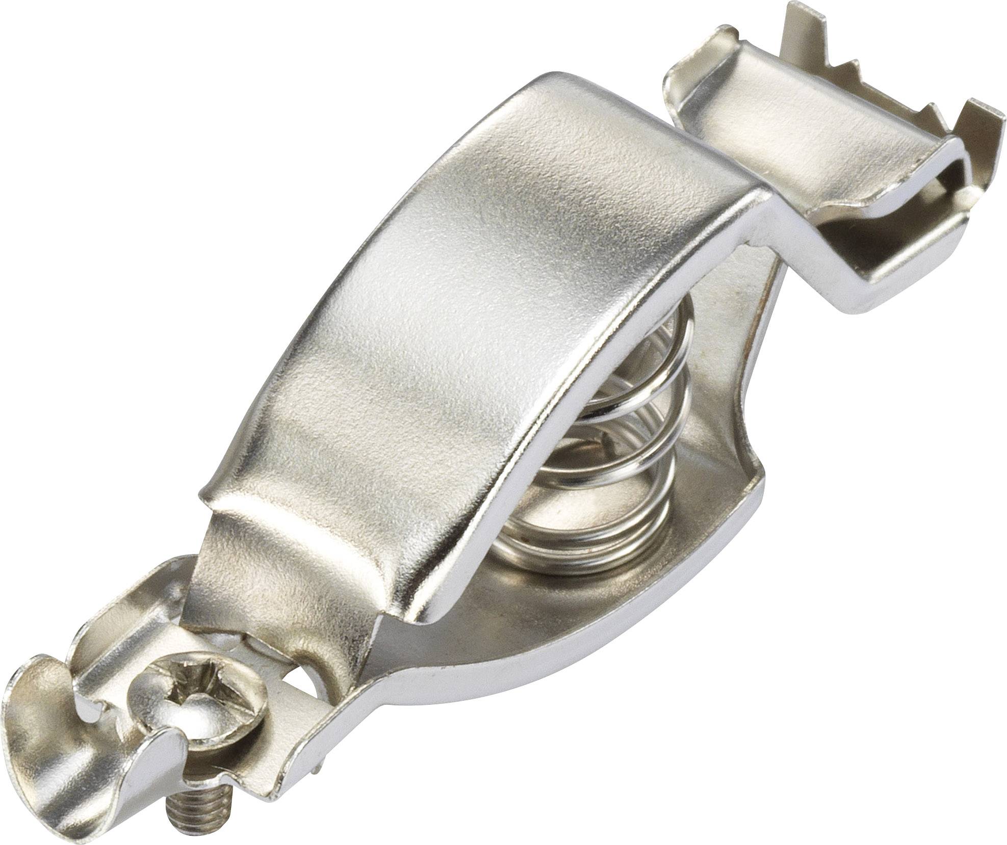 Metallic hinge with a spring mechanism, commonly used in furniture for door attachment. It is silver and shiny.