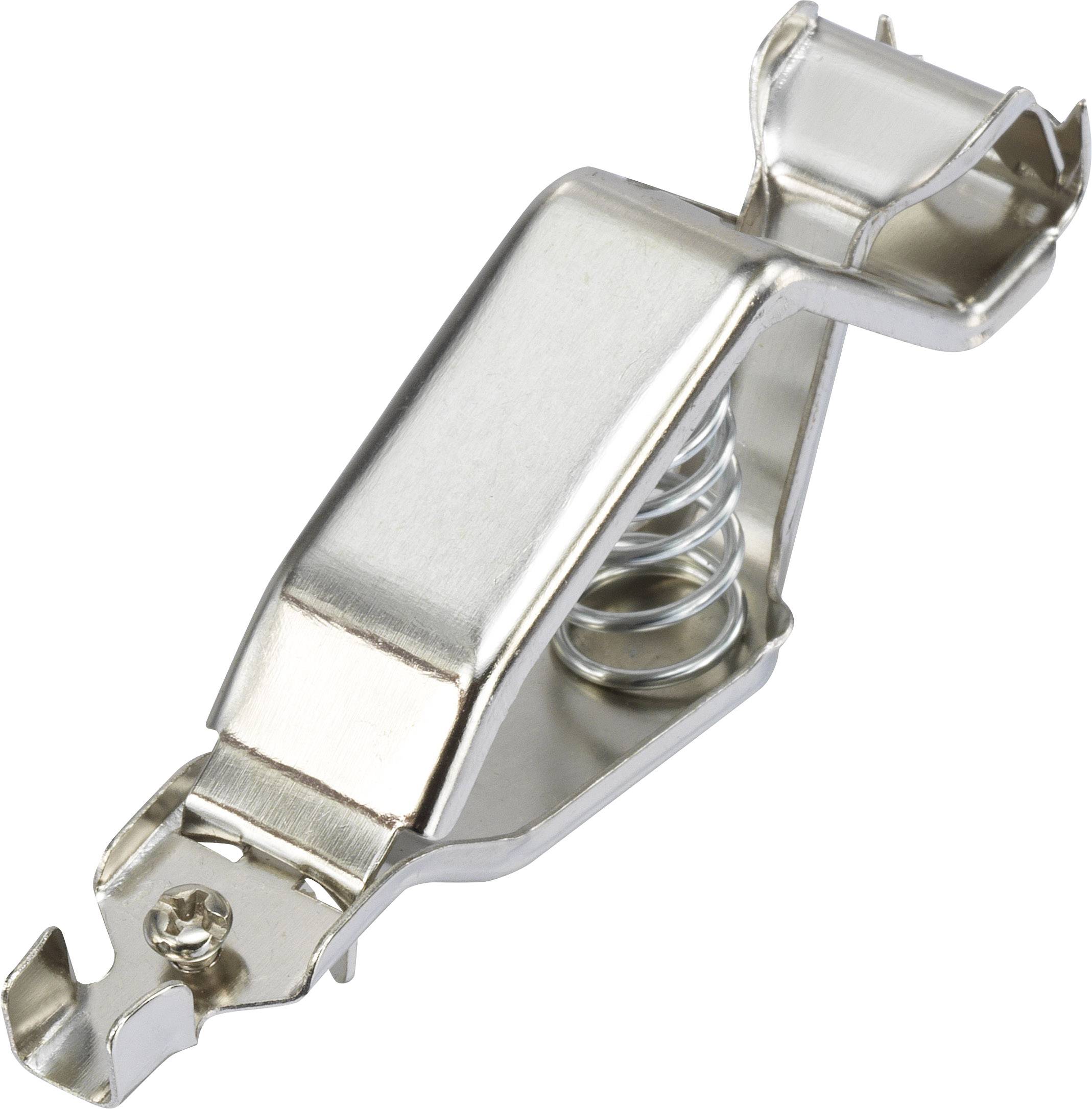 A silver metal clip with a spring mechanism, used for holding paper or similar materials.