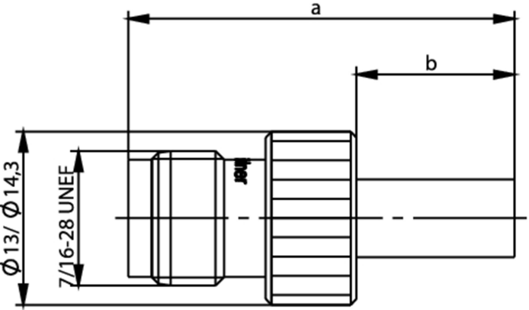 Technical drawing of a mechanical component with dimensions: length 'a' and 'b', diameter specifications and a 7/16-28 UNEF thread.