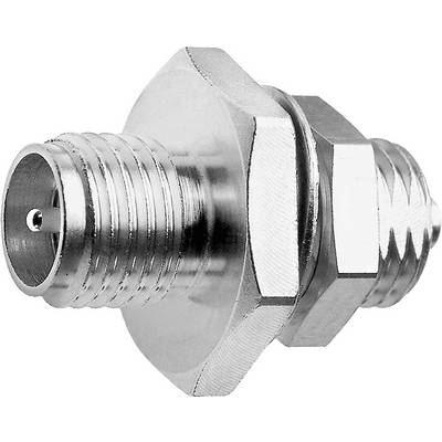 A silver, hexagonal metal adapter with an external thread and a coaxial connection, used in electronic devices.