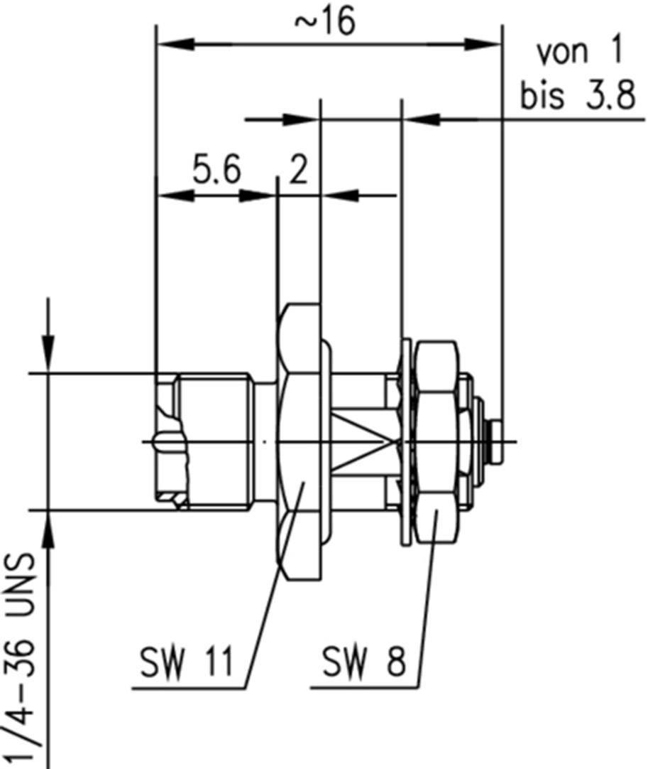 Technical drawing of a threaded bolt with dimensions in millimetres: length approximately 16, width 5.6; includes hex key sizes 11 and 8.