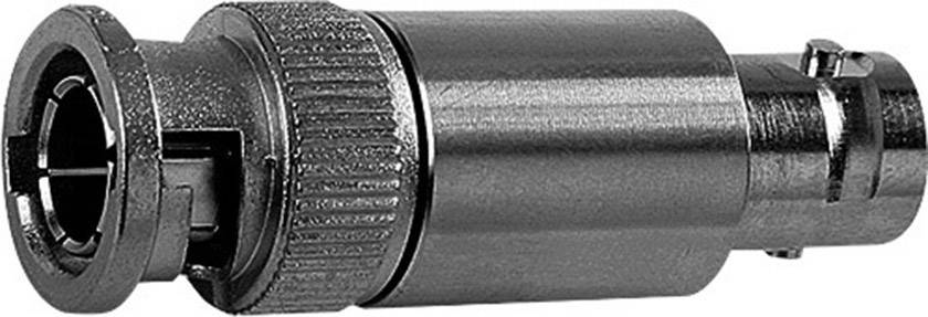 Metal BNC plug with knurled screw and bayonet lock, for coaxial cable connections in electronic devices.