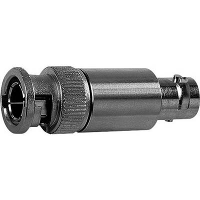Metal BNC plug with knurled screw and bayonet lock, for coaxial cable connections in electronic devices.