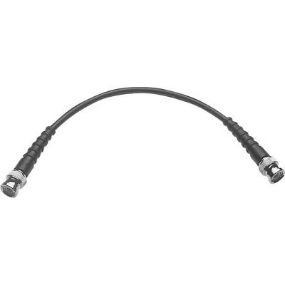 A black coaxial cable with two BNC connectors at the ends, shown bent. Suitable for video or network connections.