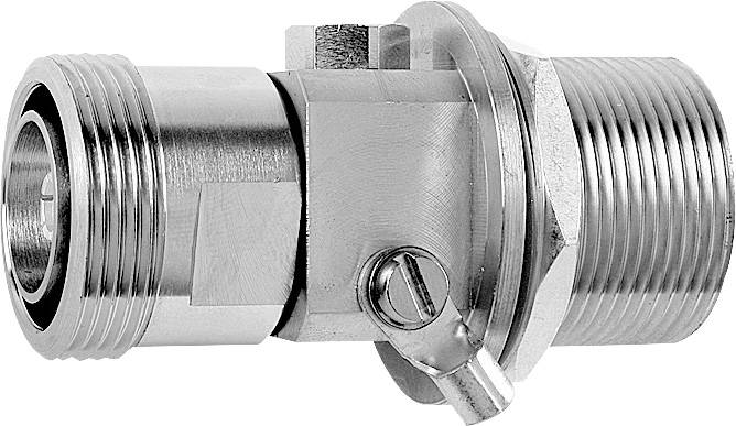 A shiny metallic valve with threading, used in piping systems.