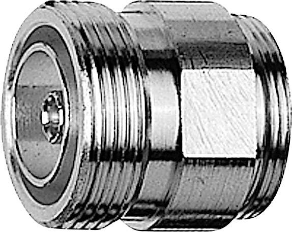 Metallic connecting adapter with external thread and hexagonal profile, used for connecting hoses or pipes in hydraulic applications.