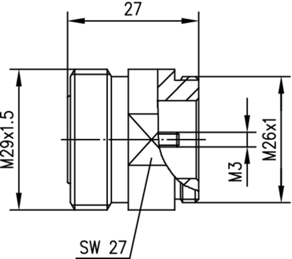 Technical drawing of a hydraulic adapter with thread dimensions: M29x1.5, M26x1. Shows specific dimensions and thread sizes.