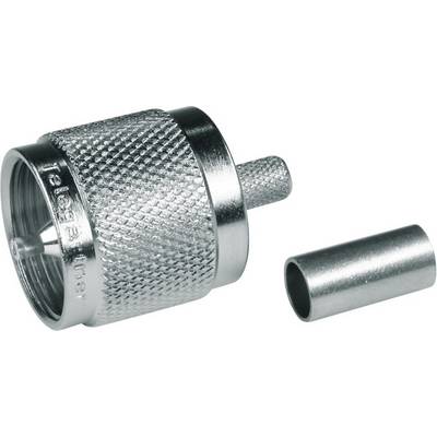 Metal coaxial connector with a ribbed surface texture and removable component, suitable for antenna cable connections.