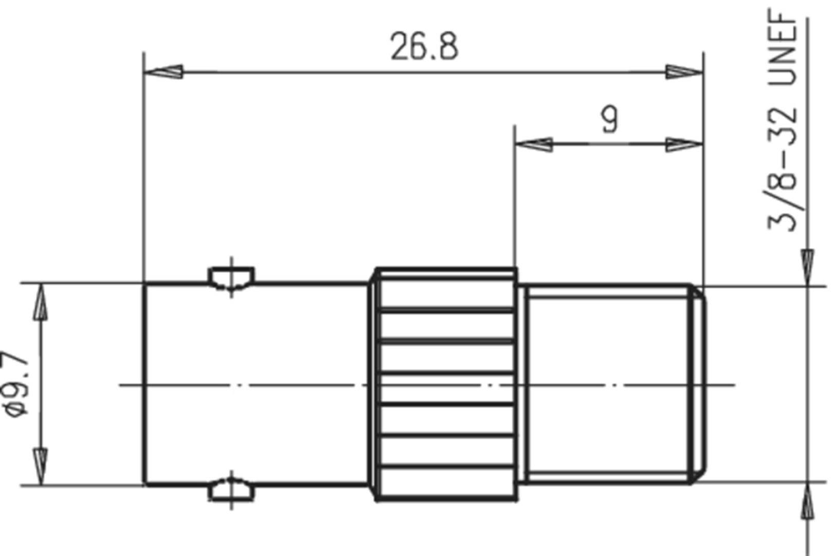 Technical drawing of a cylindrical coupling piece with thread '3/8-32 UNEF', total length 26.8 mm, diameter 9.7 mm.