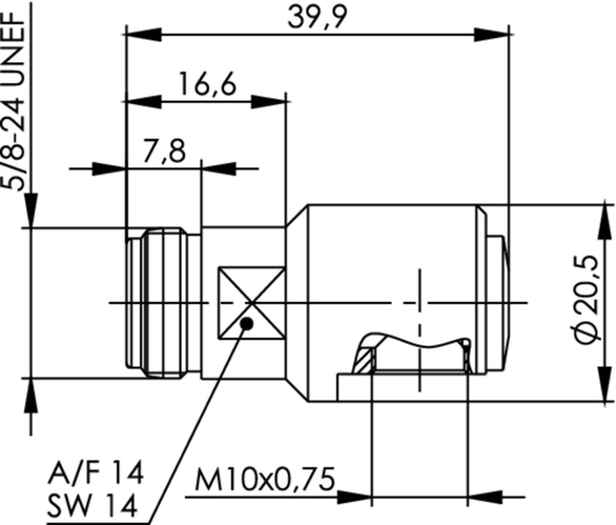 Technical drawing of a cylindrical component with dimensions in millimetres: Length 39.9, Diameter 20.5. Thread: 5/8-24 UNEF, M10x0.75.
