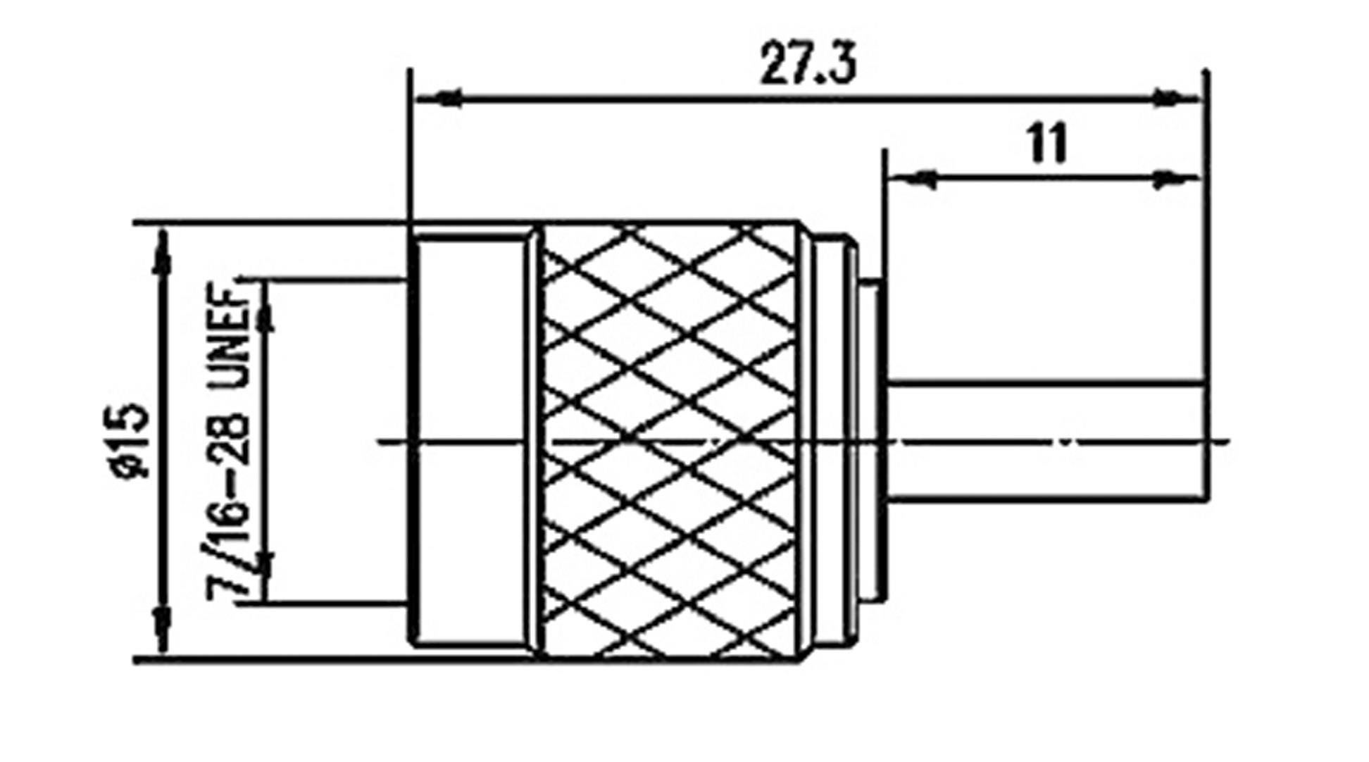 Technical drawing of a plug with dimensions: Total length 27.3 mm, diameter 15 mm, thread size 7/16-28 UNEF.