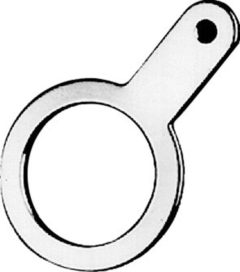 A round metal ring with a long, flat handle that has a hole at the end. The ring could serve as a keyring.