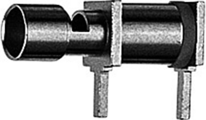 Black mechanical component with cylindrical forms and two protruding pins underneath, possibly an electronic connector.