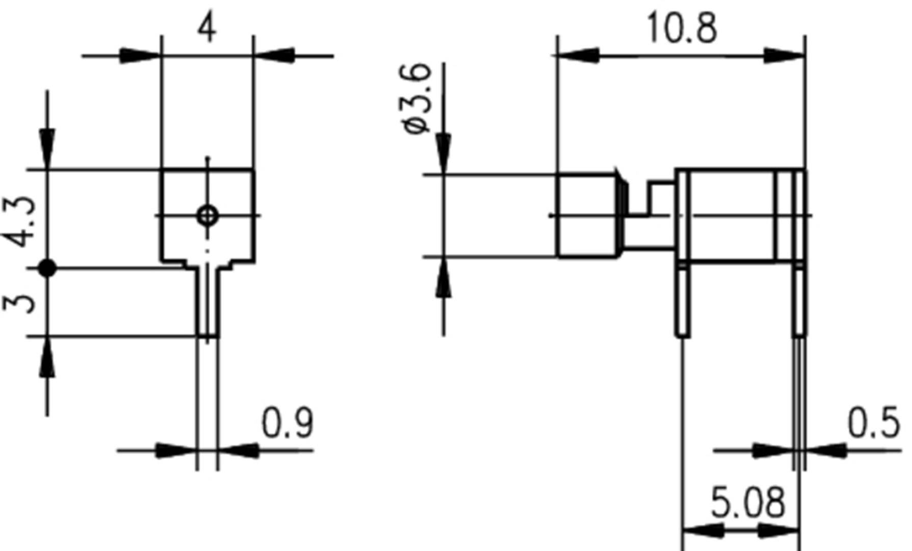 Dimensional drawing of an electrical connector with tolerances: Total width 10.8 mm, height 4.3 mm, pin spacing 5.08 mm, pin diameter 0.9 mm.