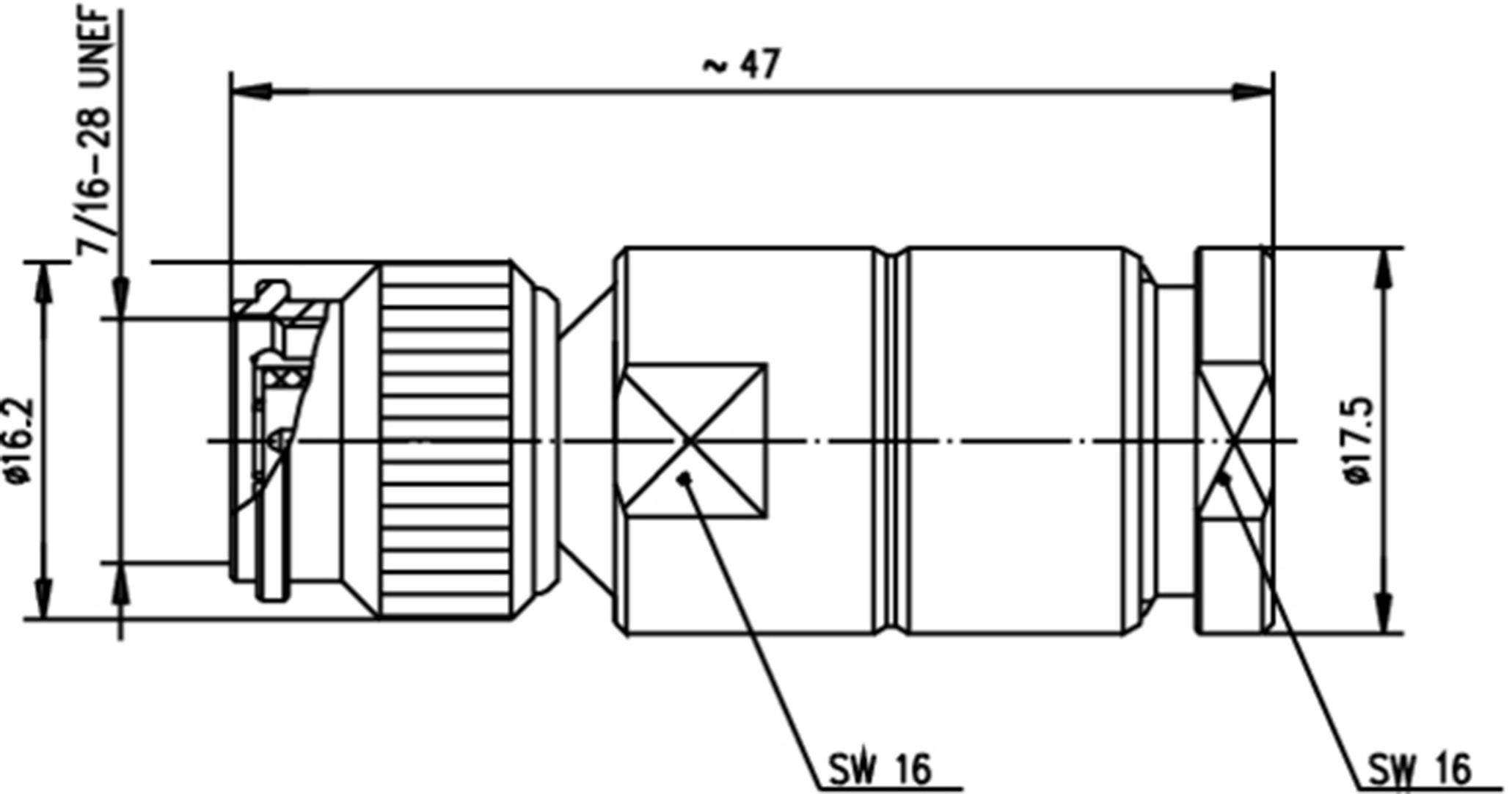 Technical drawing of a connector with dimensions: Length approx. 47 mm, thread size 7/16-28 UNEF, diameter 16.2 mm and 17.5 mm.