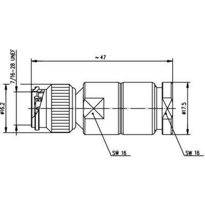 Technical drawing of a connector with dimensions: Length approx. 47 mm, thread size 7/16-28 UNEF, diameter 16.2 mm and 17.5 mm.