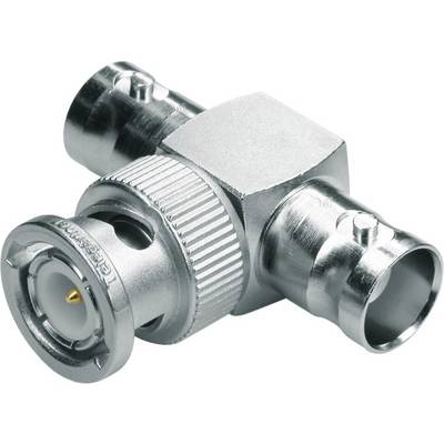 BNC T-Piece Metal Connector with three connection points for coaxial cables. Suitable for signal distribution in TV and surveillance systems.