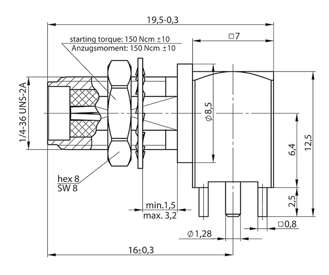 Technical drawing of an electrical plug with dimensions, torque specifications (150 Ncm ±10) and thread information (1/4-36 UNS-2A).