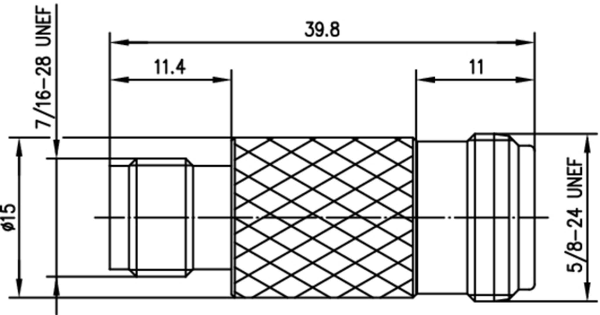 Technical drawing of a connector with dimensions in millimetres: Total length 39.8, diameter 15, thread 7/16-28 UNEF, 5/8-24 UNEF.