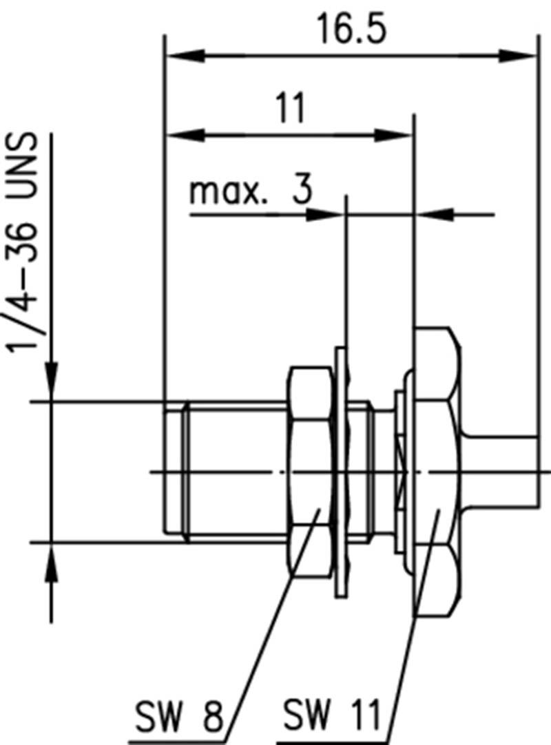 Technical drawing of a cylindrical plug with dimensions: total length 16.5 mm, insertion depth 11 mm, thread 1/4-36 UNS, spanner sizes 8 and 11.