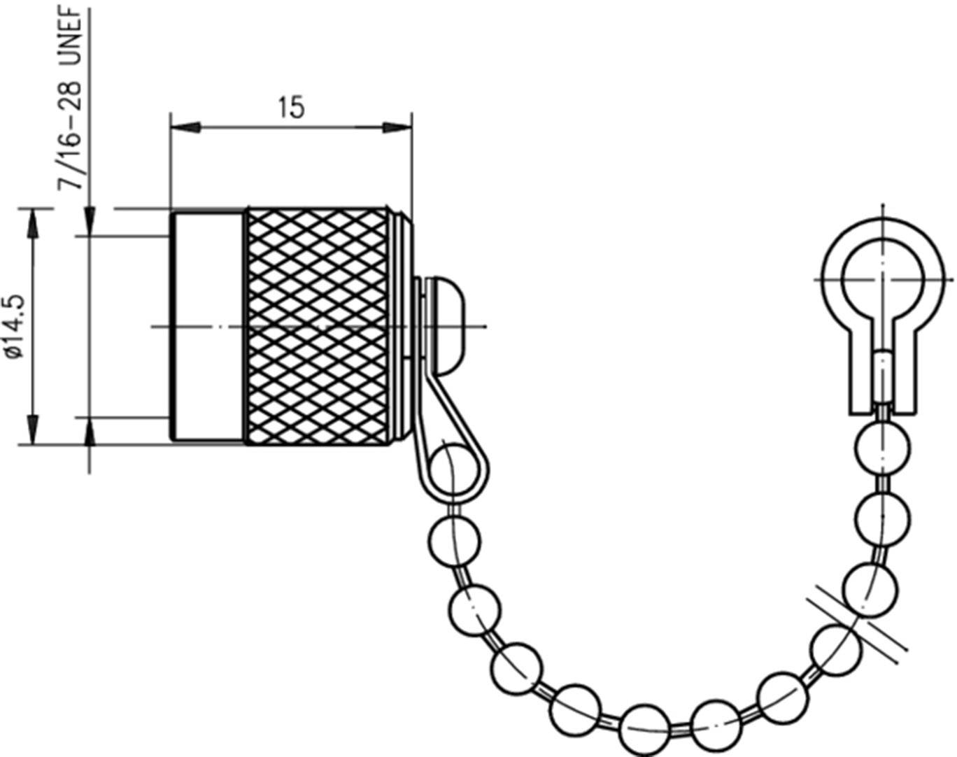 Technical drawing of a circular connector with a chain, dimensions and thread type '7/16-28 UNEF' specified.