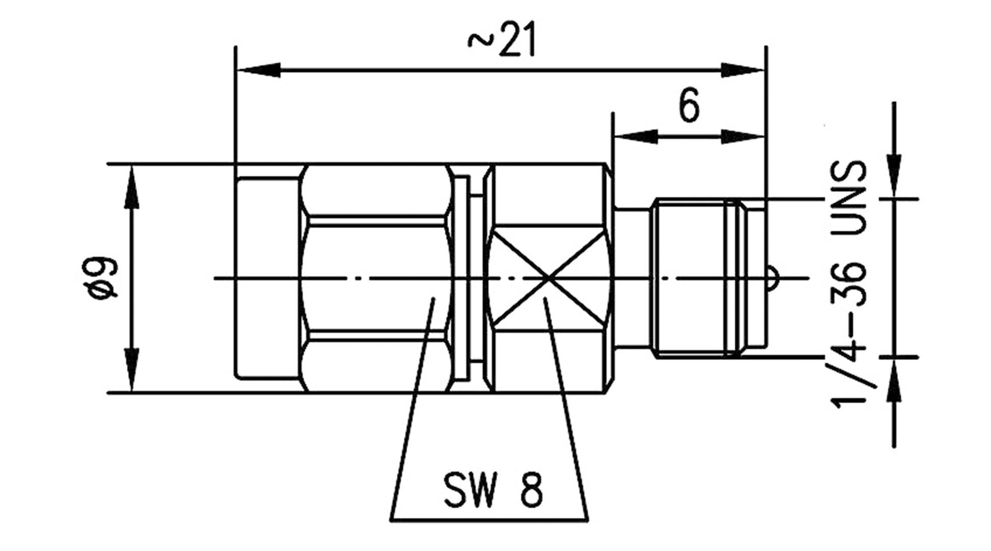 Technical drawing of a hexagonal connector with the following dimensions: overall length approx. 21, diameter 9, hexagon width across flats 8.