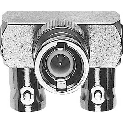 Metal BNC T-piece adapter with one socket on top and two sockets below, used for connecting coaxial cables.
