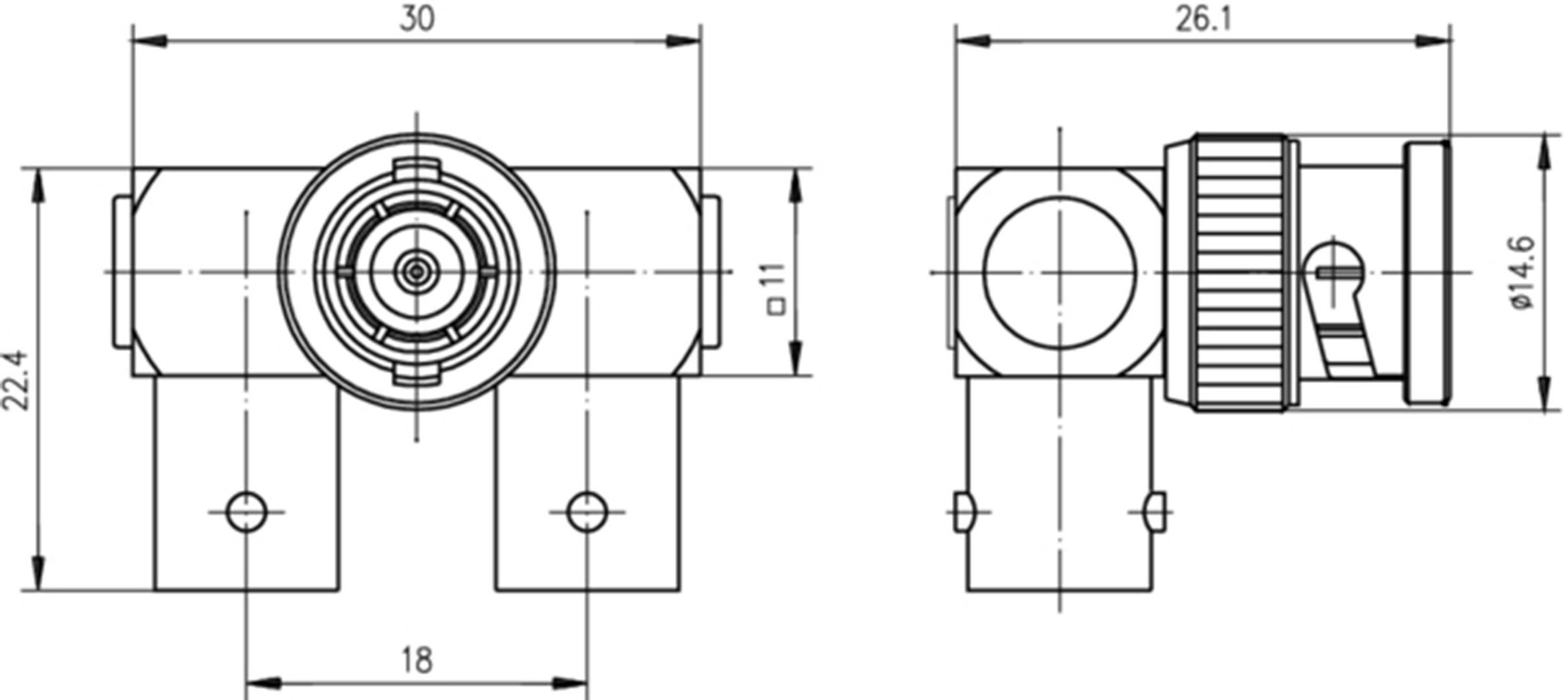 Technical drawing of a mechanical component with dimensions in millimetres: Length 30, Width 22.4, Height 18, Diameter 14.6.