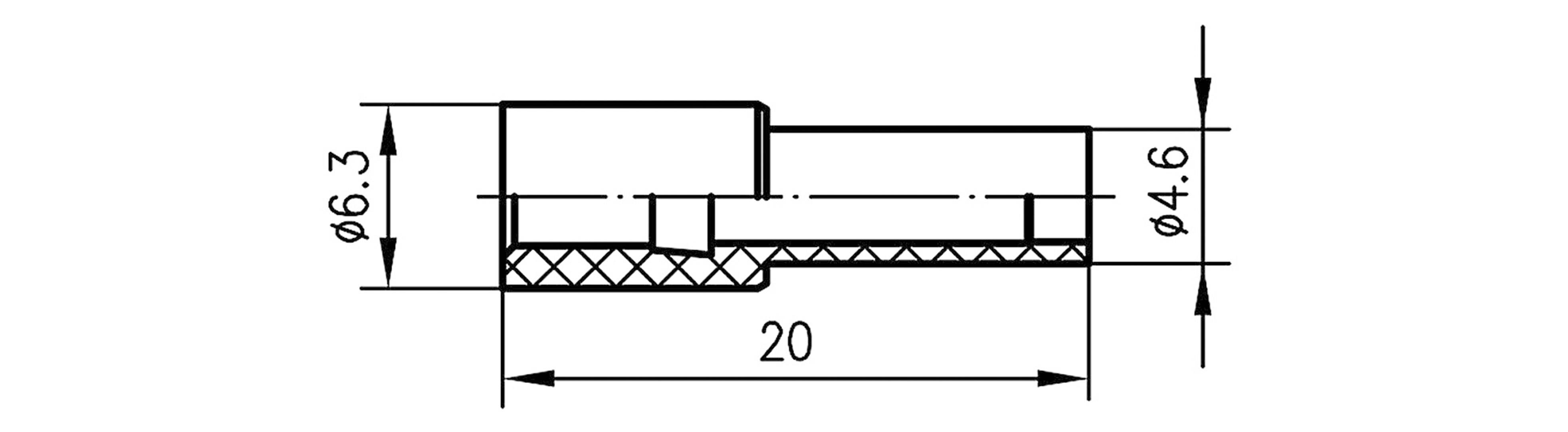 Technical drawing of a component with axes and dimensions: Length 20, diameter 6.3 and 4.6 with cross-section hatching.