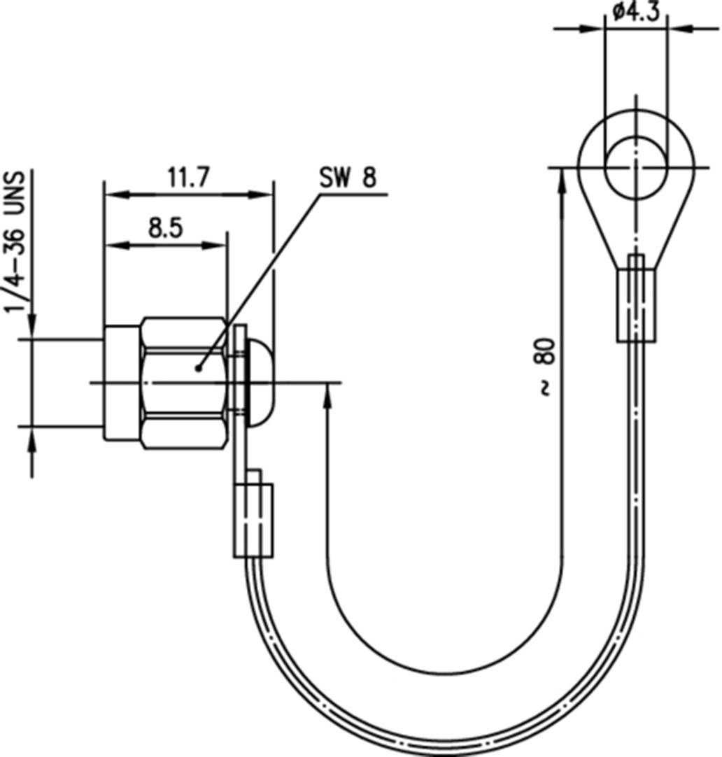 Technical drawing of a hexagonal cable lug, dimensions and thread size '1/4-36 UNS' specified, with a curved wire.