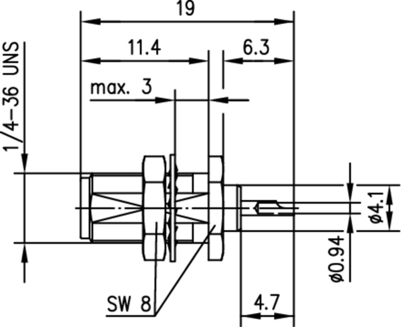 Technical drawing of a threaded component with dimensional specifications including length, diameter, and thread size.