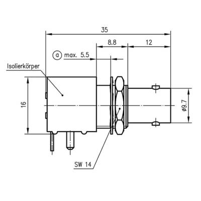 Technical drawing of an electrical component with dimensions: 35 mm length, 9.7 mm diameter. Details: insulating body, across flats 14.