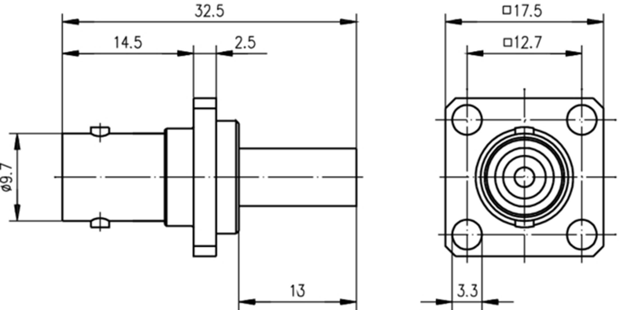Technical drawing of a component with dimensions in millimetres. Shows front and side views with details such as diameter and length.